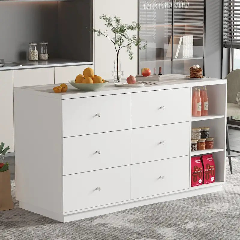 Bahut blanc avec de nombreux compartiments de rangement