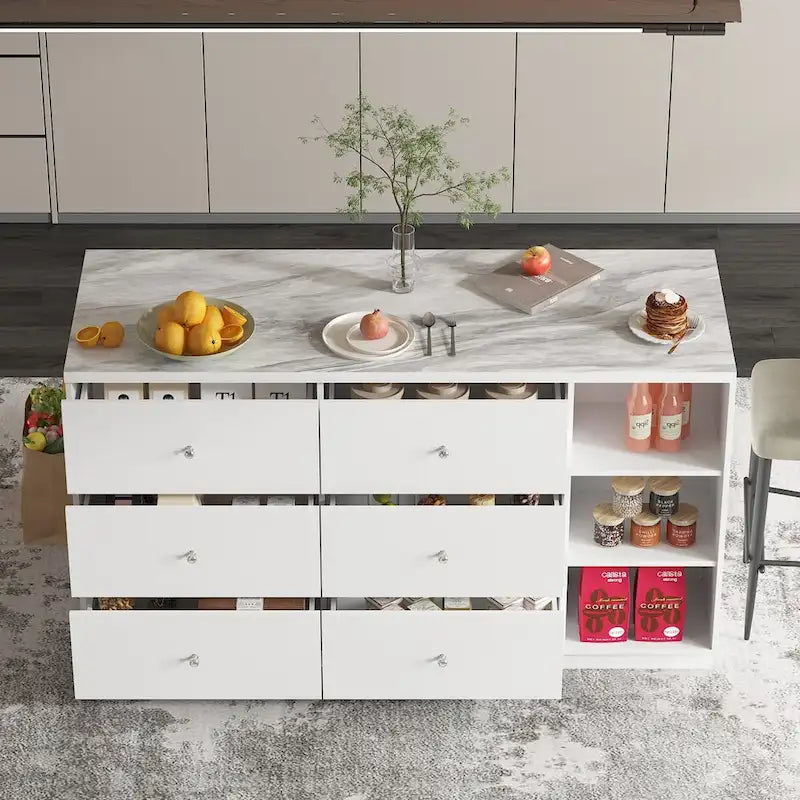 Bahut blanc avec de nombreux compartiments de rangement