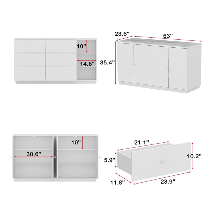 Bahut blanc avec de nombreux compartiments de rangement