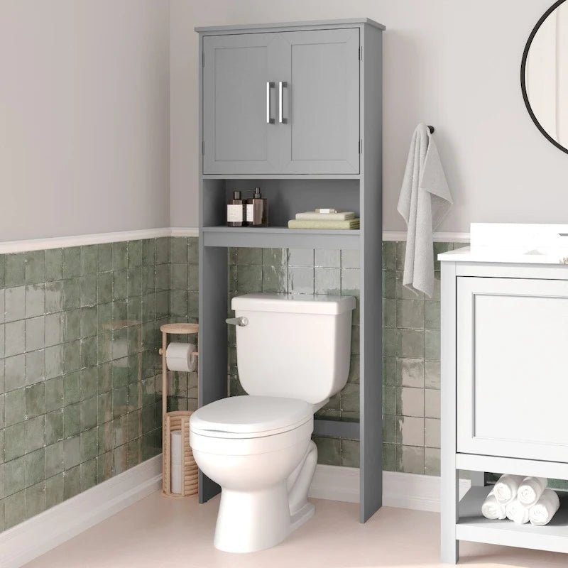 Meuble de rangement gris moderne pour toilettes avec 2 étagères et portes