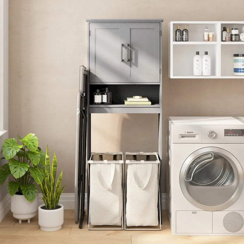 Meuble de rangement gris moderne pour toilettes avec 2 étagères et portes