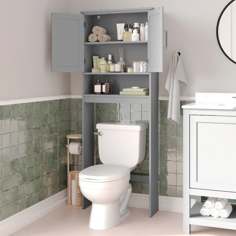 Meuble de rangement gris moderne pour toilettes avec 2 étagères et portes