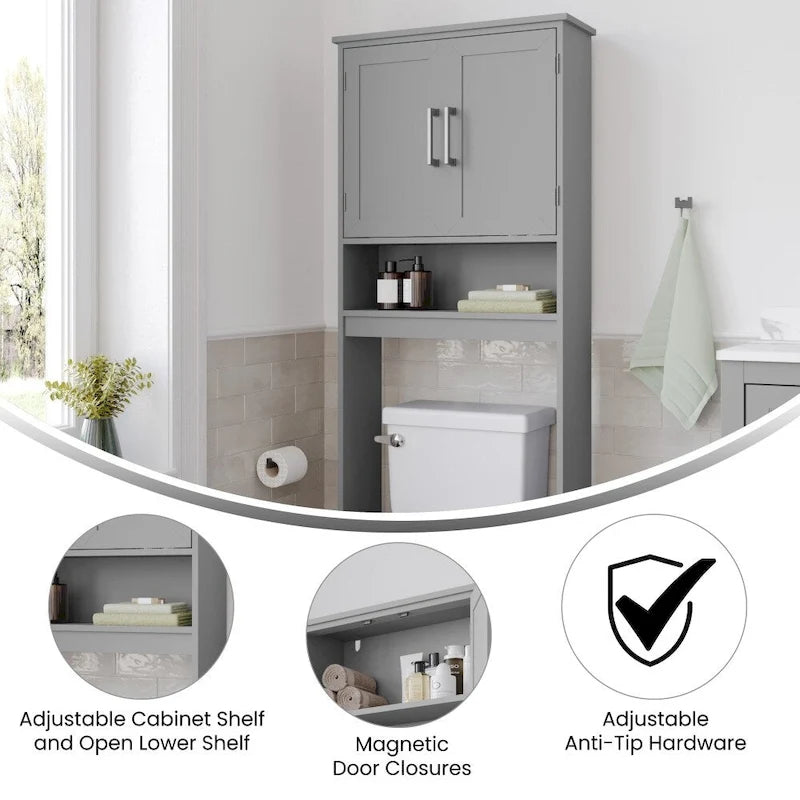 Meuble de rangement gris moderne pour toilettes avec 2 étagères et portes