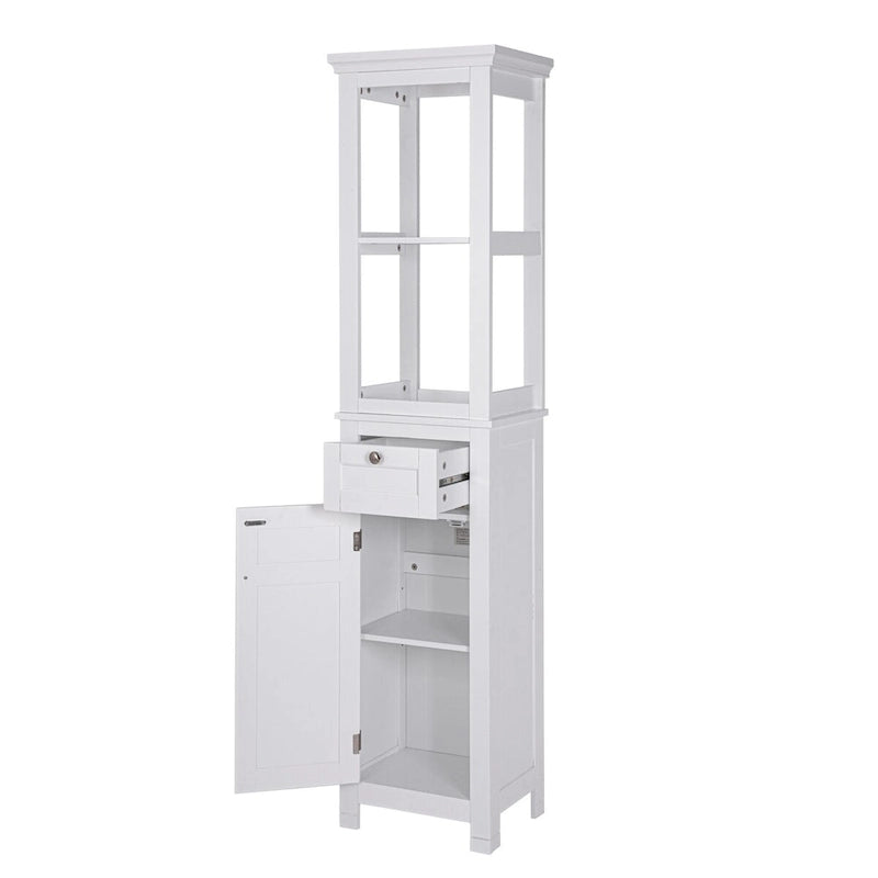 Meuble de rangement de salle de bain autoportant avec deux étagères ouvertes, tour haute et étroite