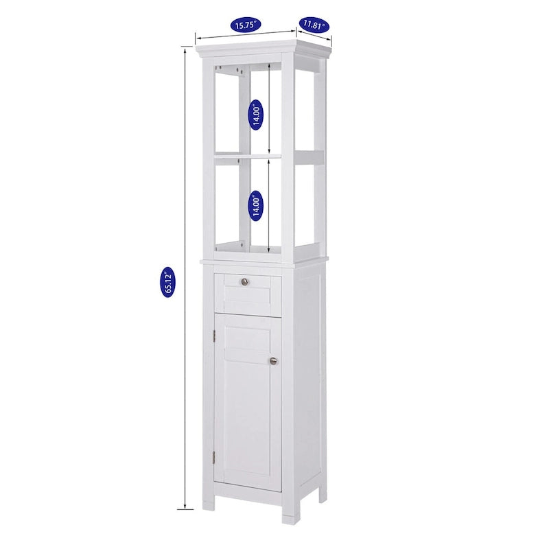 Meuble de rangement de salle de bain autoportant avec deux étagères ouvertes, tour haute et étroite