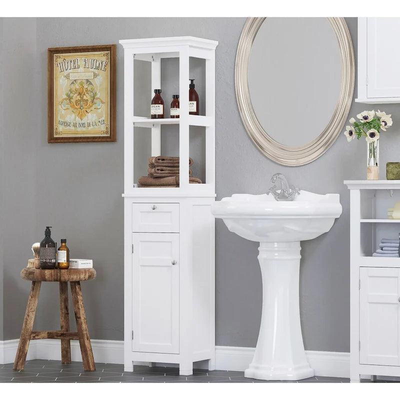 Meuble de rangement de salle de bain autoportant avec deux étagères ouvertes, tour haute et étroite