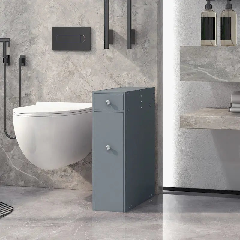 Organisateur de sol de salle de bain gris, meuble de rangement étroit autoportant et peu encombrant