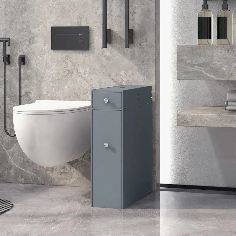 HOMCOM Gray Bathroom Floor Organizer Free Standing Space Saving Narrow Storage Cabinet Bath Toilet Paper Holder with Drawers