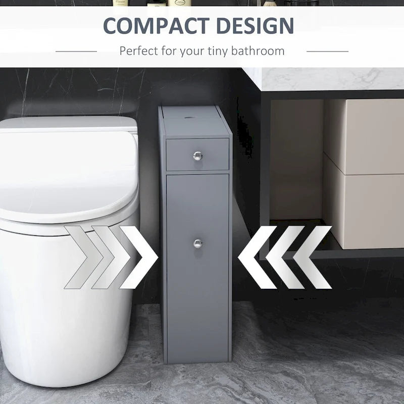Organisateur de sol de salle de bain gris, meuble de rangement étroit autoportant et peu encombrant