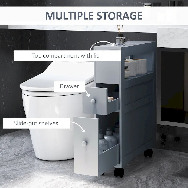 Organisateur de sol de salle de bain gris, meuble de rangement étroit autoportant et peu encombrant