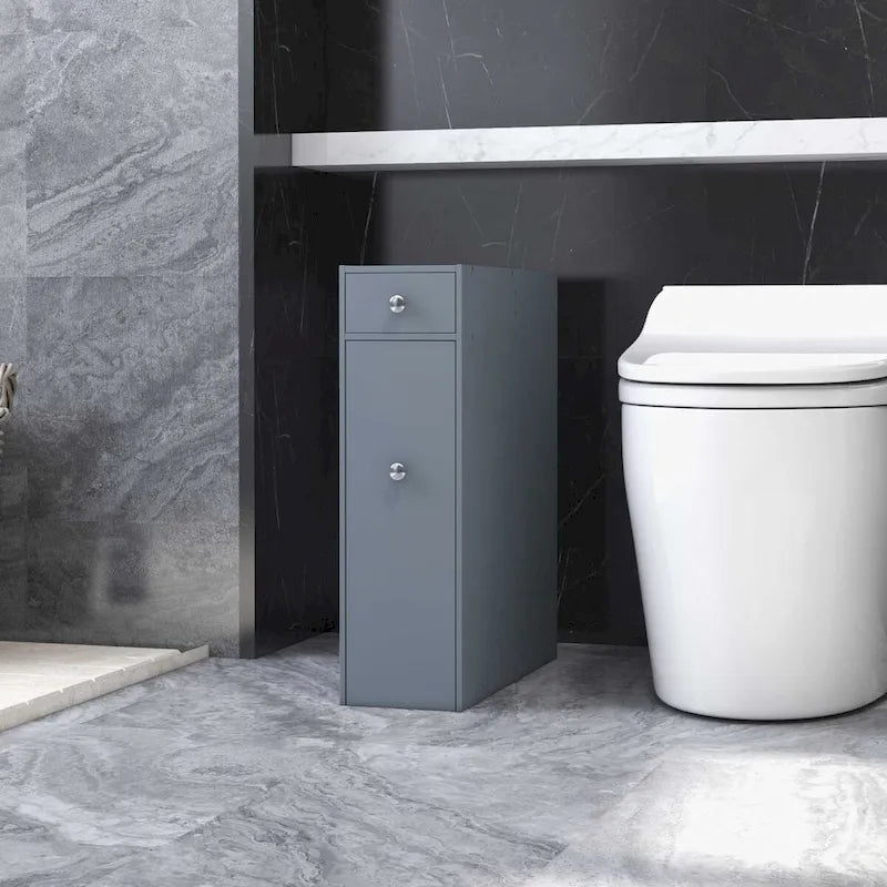 Organisateur de sol de salle de bain gris, meuble de rangement étroit autoportant et peu encombrant