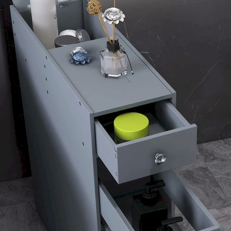Organisateur de sol de salle de bain gris, meuble de rangement étroit autoportant et peu encombrant