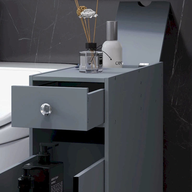 Organisateur de sol de salle de bain gris, meuble de rangement étroit autoportant et peu encombrant