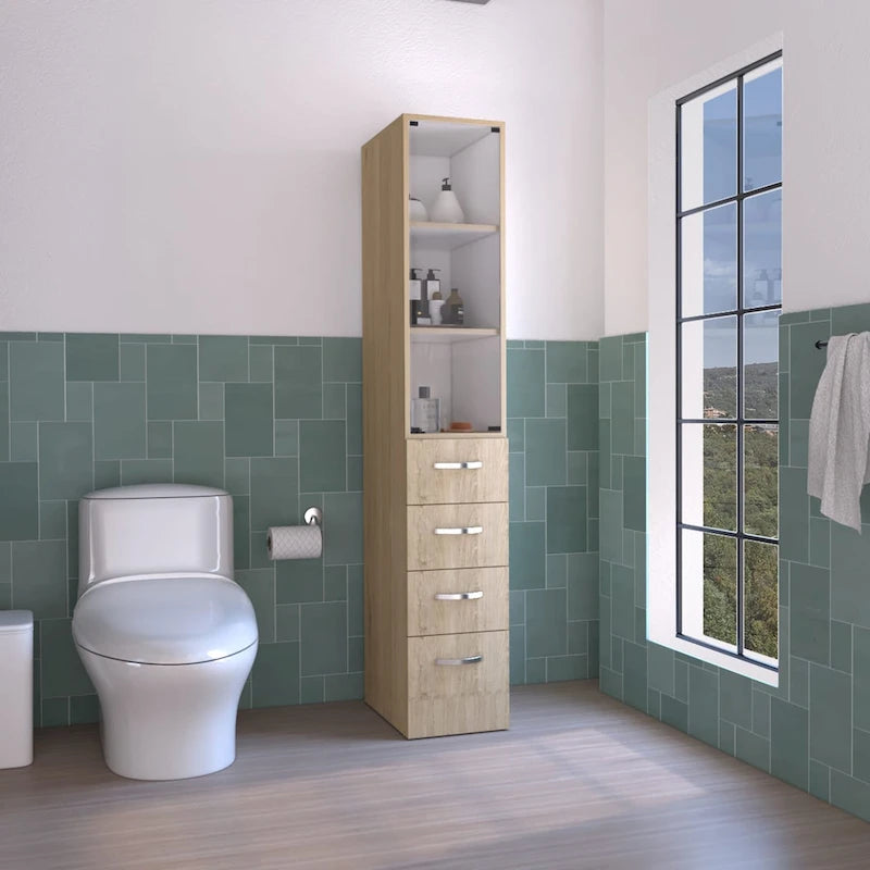 Meuble de rangement moderne en lin pour salle de bain, trois étagères, quatre tiroirs
