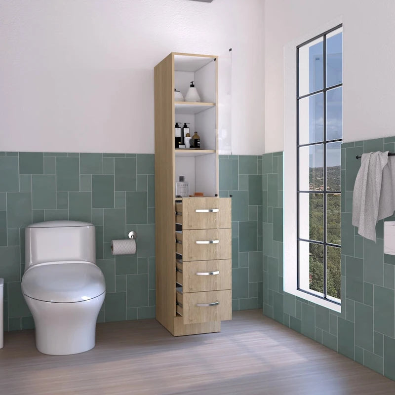 Meuble de rangement moderne en lin pour salle de bain, trois étagères, quatre tiroirs