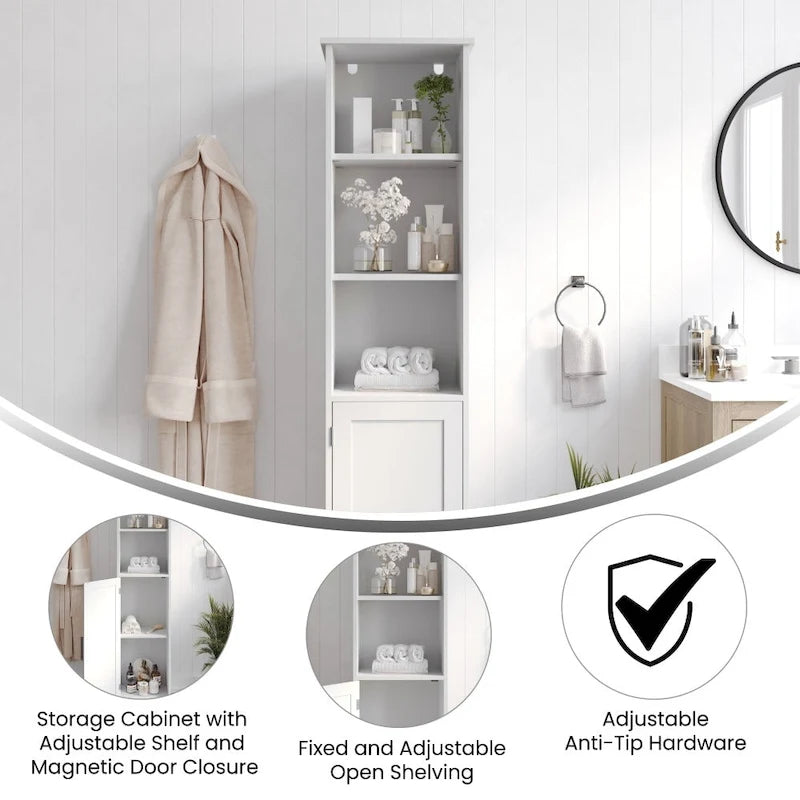 Colonne de rangement de salle de bain autoportante moderne avec étagères et porte à fermeture magnétique