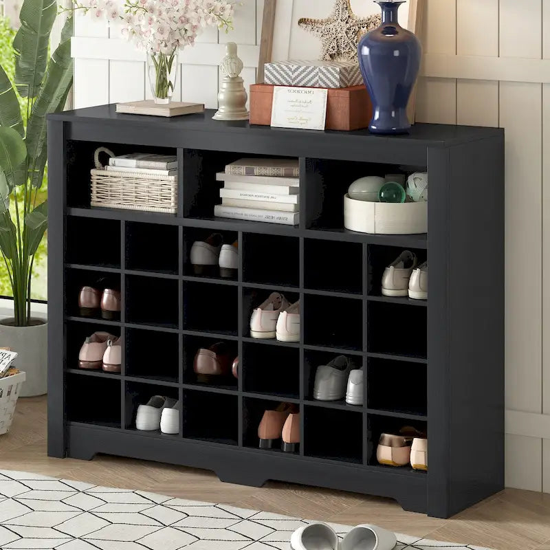 Console élégante avec 24 casiers à chaussures, meuble à chaussures moderne avec base incurvée
