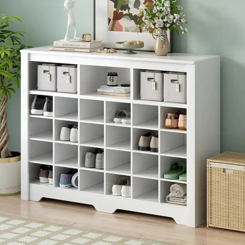 Console élégante avec 24 casiers à chaussures, meuble à chaussures moderne avec base incurvée