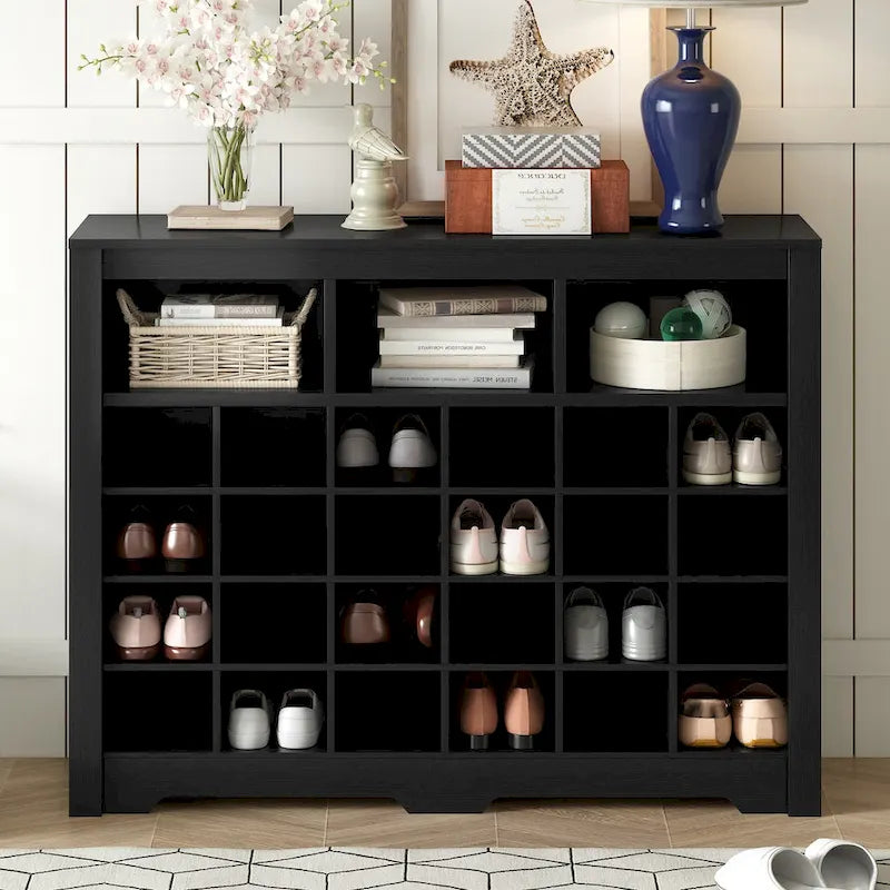 Console élégante avec 24 casiers à chaussures, meuble à chaussures moderne avec base incurvée