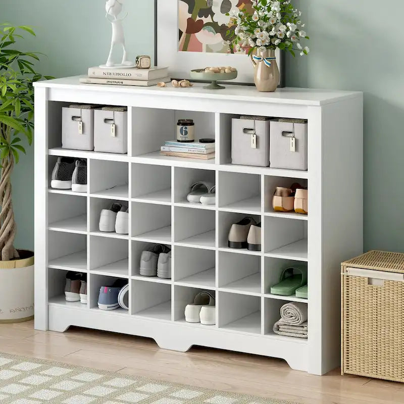 Console élégante avec 24 casiers à chaussures, meuble à chaussures moderne avec base incurvée