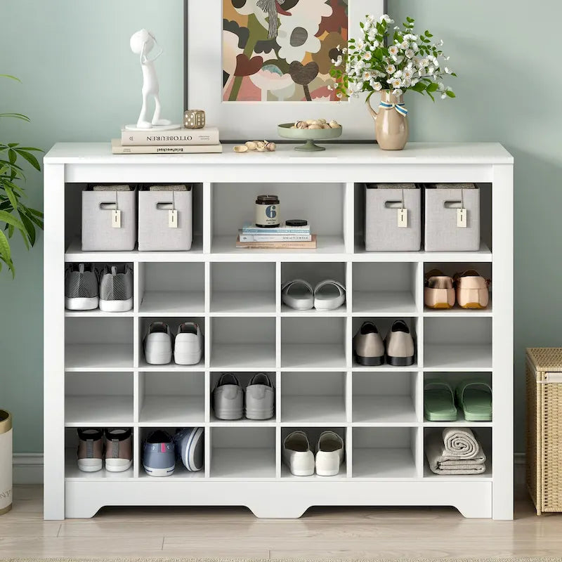 Console élégante avec 24 casiers à chaussures, meuble à chaussures moderne avec base incurvée