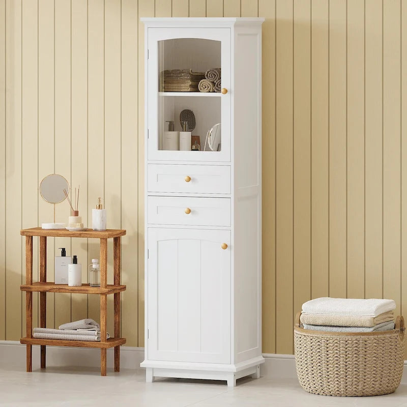 Armoire de rangement de salle de bain haute sur pied avec portes vitrées et deux tiroirs
