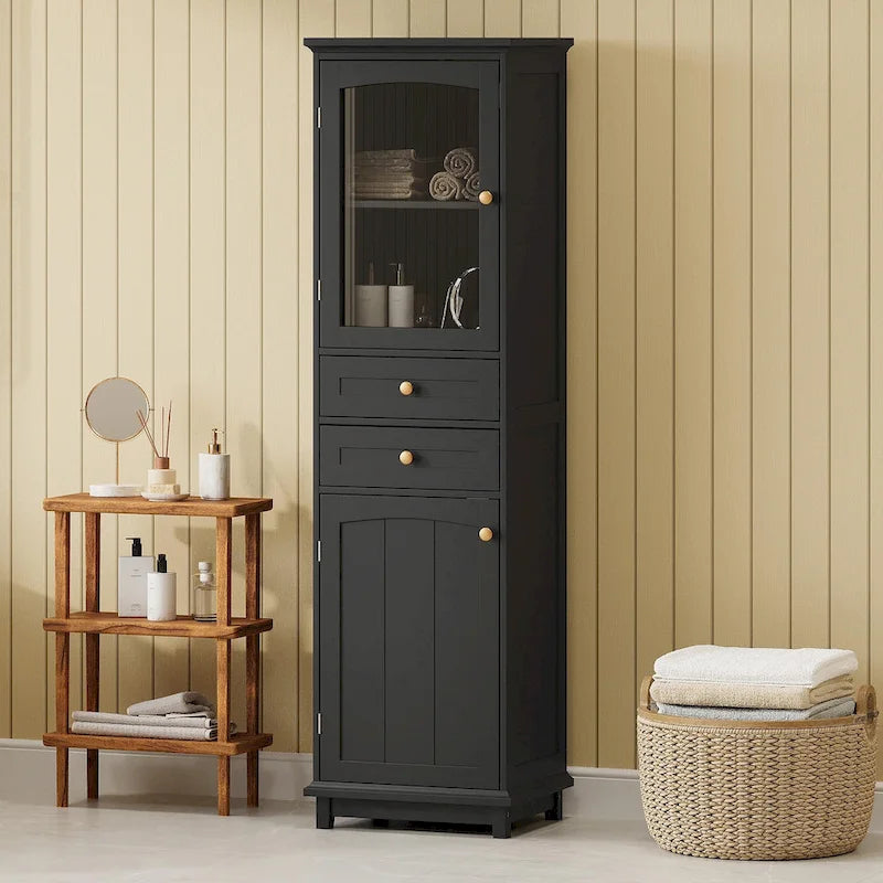 Armoire de rangement de salle de bain haute sur pied avec portes vitrées et deux tiroirs