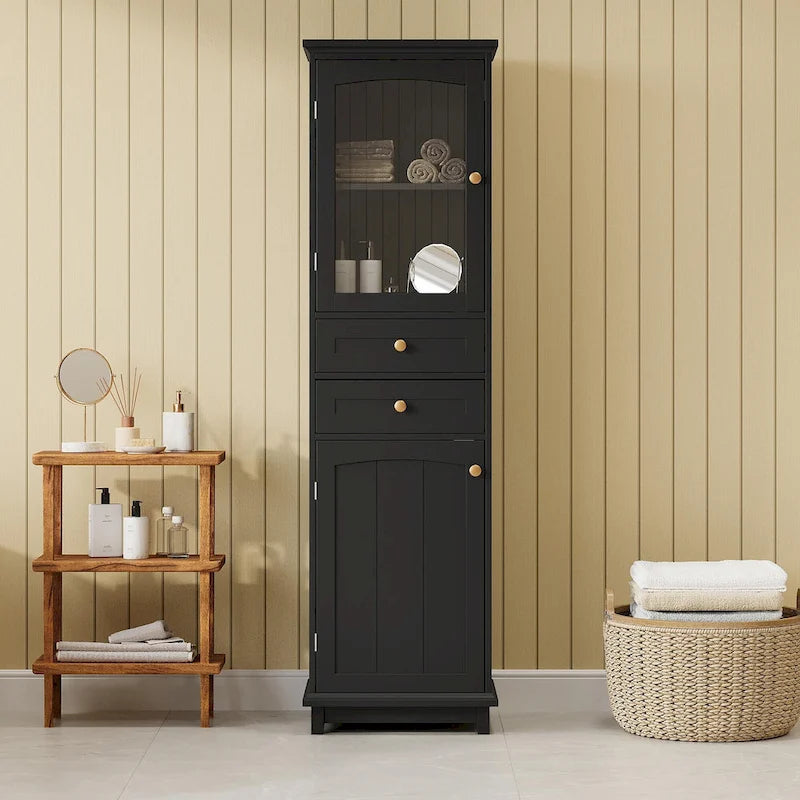 Armoire de rangement de salle de bain haute sur pied avec portes vitrées et deux tiroirs