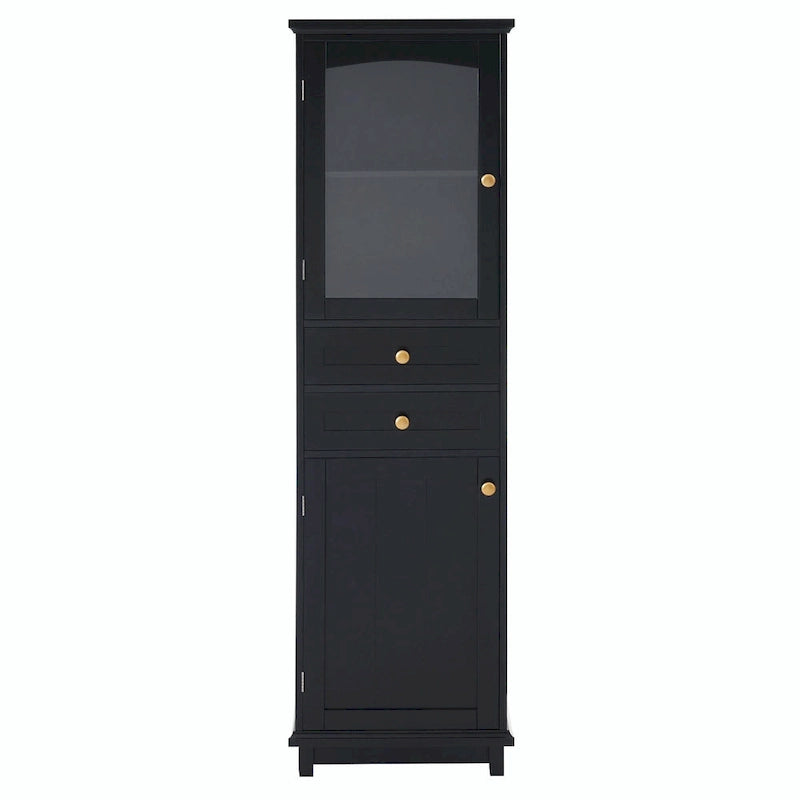 Armoire de rangement de salle de bain haute sur pied avec portes vitrées et deux tiroirs