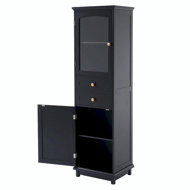 Armoire de rangement de salle de bain haute sur pied avec portes vitrées et deux tiroirs