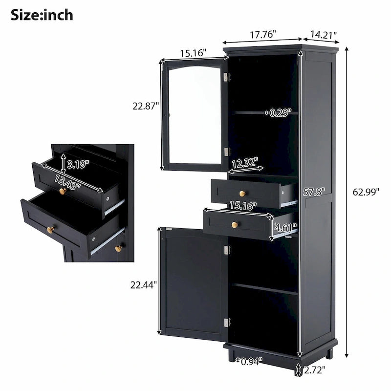 Armoire de rangement de salle de bain haute sur pied avec portes vitrées et deux tiroirs
