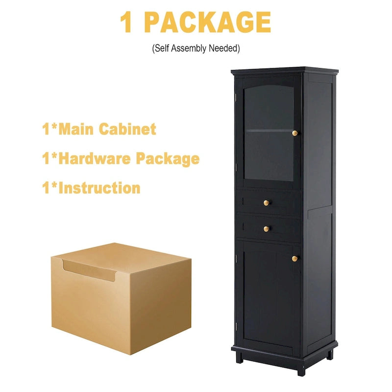 Armoire de rangement de salle de bain haute sur pied avec portes vitrées et deux tiroirs