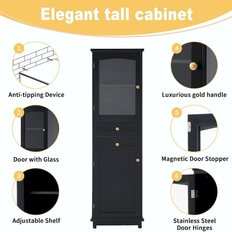 Armoire de rangement de salle de bain haute sur pied avec portes vitrées et deux tiroirs