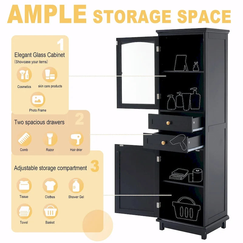 Armoire de rangement de salle de bain haute sur pied avec portes vitrées et deux tiroirs