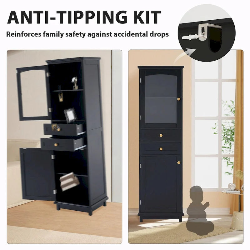 Armoire de rangement de salle de bain haute sur pied avec portes vitrées et deux tiroirs