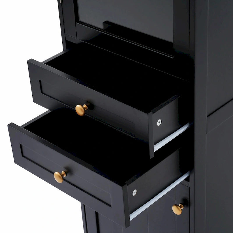 Armoire de rangement de salle de bain haute sur pied avec portes vitrées et deux tiroirs