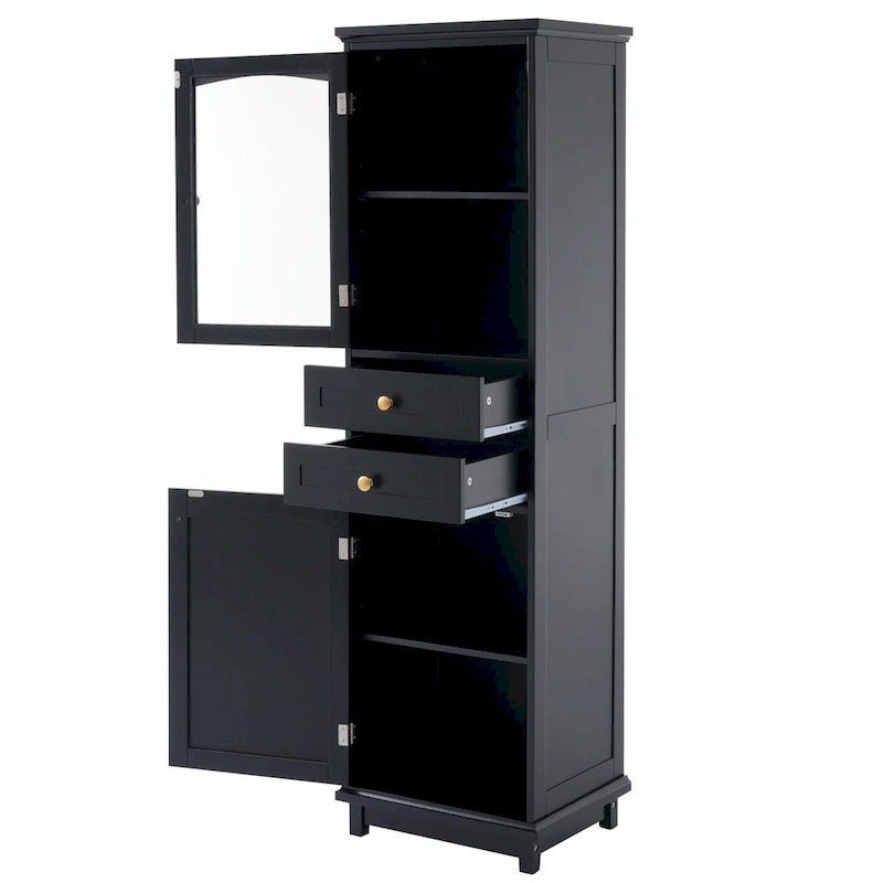 Armoire de rangement de salle de bain haute sur pied avec portes vitrées et deux tiroirs