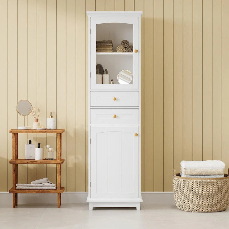 Armoire de rangement de salle de bain haute sur pied avec portes vitrées et deux tiroirs