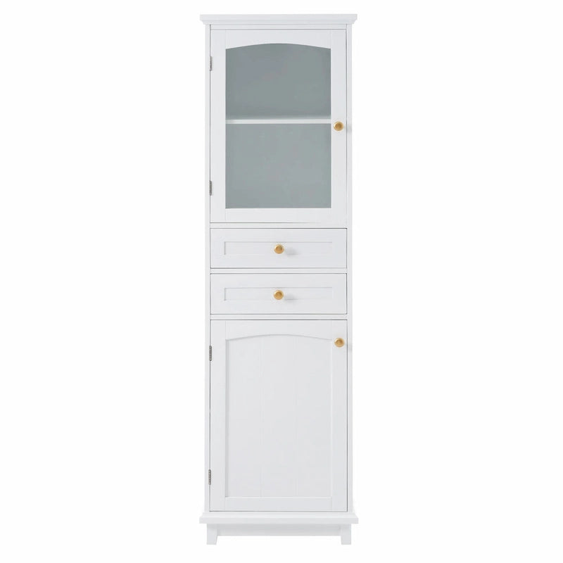 Armoire de rangement de salle de bain haute sur pied avec portes vitrées et deux tiroirs