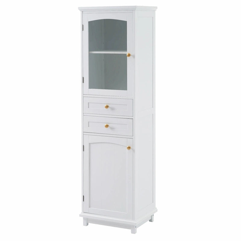 Armoire de rangement de salle de bain haute sur pied avec portes vitrées et deux tiroirs