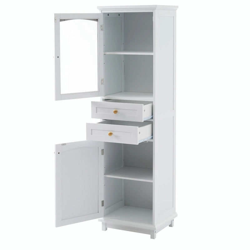Armoire de rangement de salle de bain haute sur pied avec portes vitrées et deux tiroirs