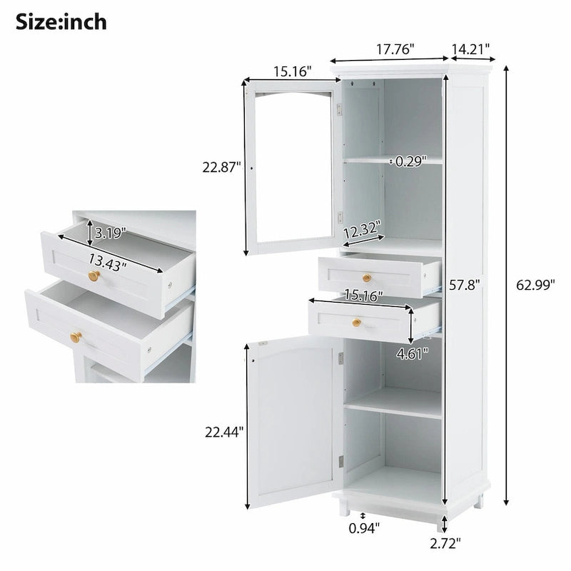 Armoire de rangement de salle de bain haute sur pied avec portes vitrées et deux tiroirs