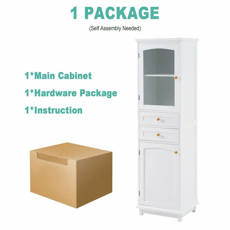 Armoire de rangement de salle de bain haute sur pied avec portes vitrées et deux tiroirs
