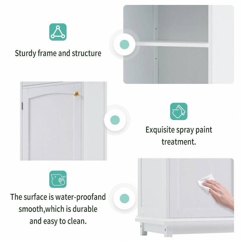 Armoire de rangement de salle de bain haute sur pied avec portes vitrées et deux tiroirs