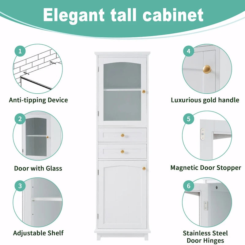 Armoire de rangement de salle de bain haute sur pied avec portes vitrées et deux tiroirs