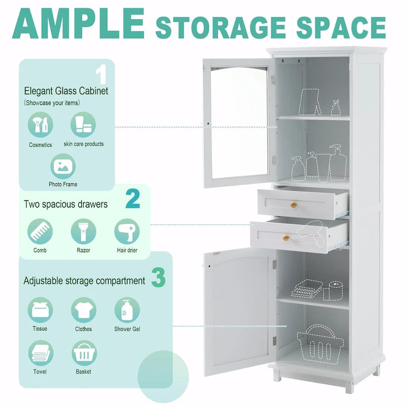 Armoire de rangement de salle de bain haute sur pied avec portes vitrées et deux tiroirs