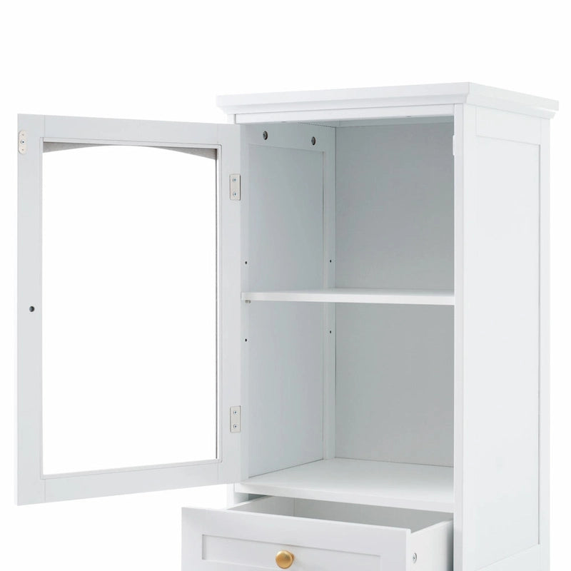 Armoire de rangement de salle de bain haute sur pied avec portes vitrées et deux tiroirs
