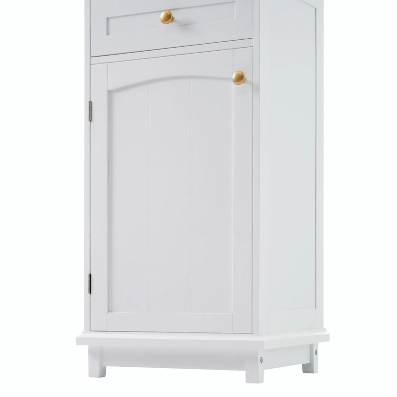 Armoire de rangement de salle de bain haute sur pied avec portes vitrées et deux tiroirs
