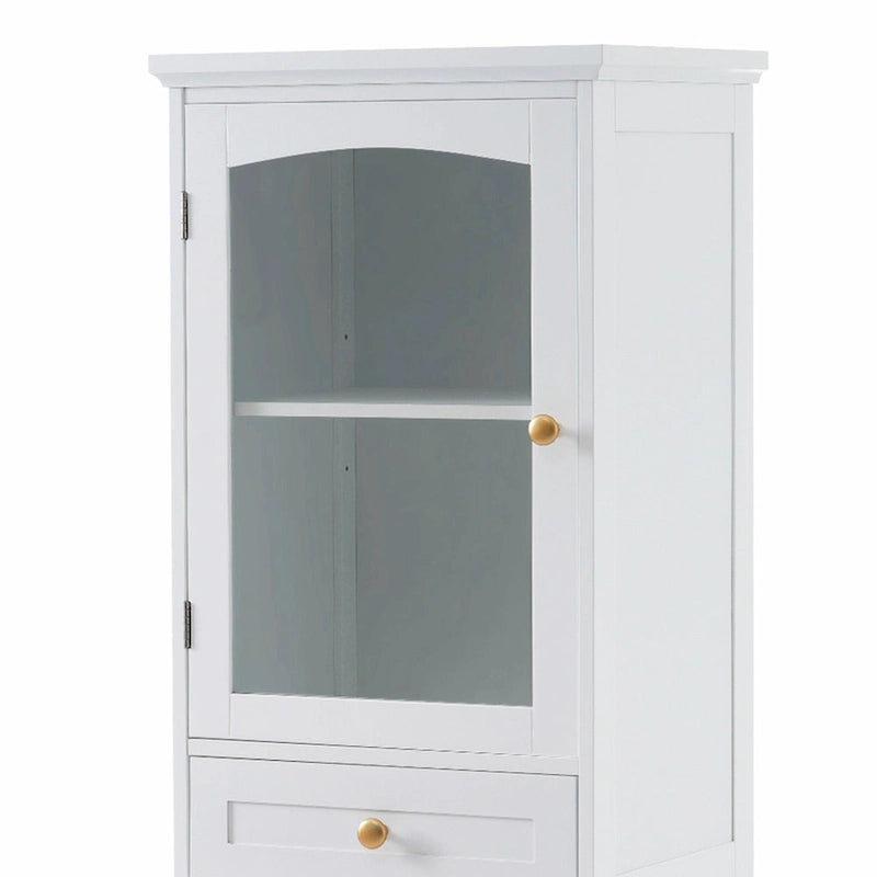 Armoire de rangement de salle de bain haute sur pied avec portes vitrées et deux tiroirs